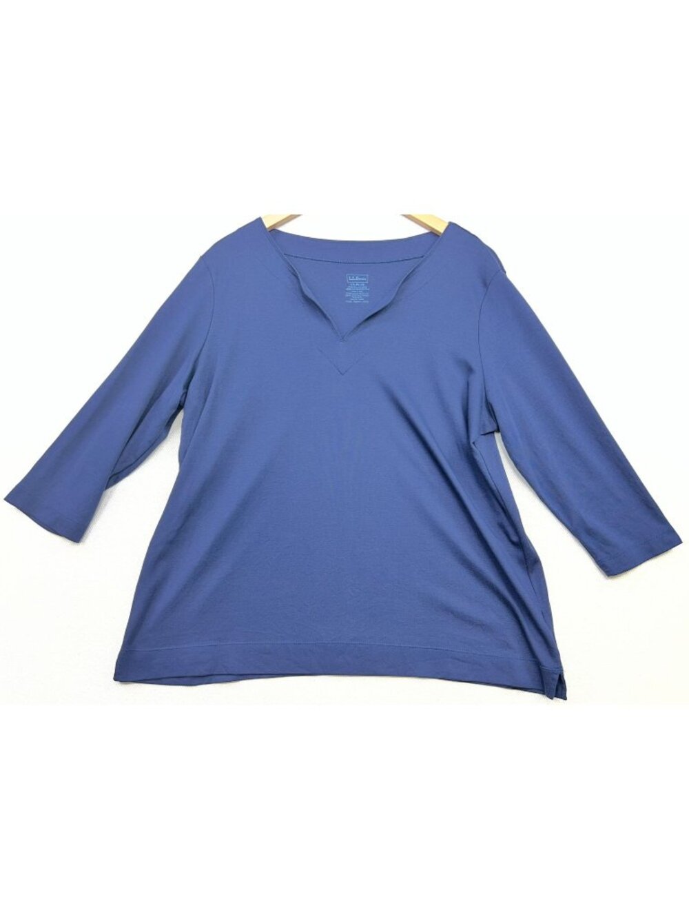 L.L.Bean Women's Supima Cotton V-Neck Top 3/4 Sleeve Stretch Size 1X Blue Solid
